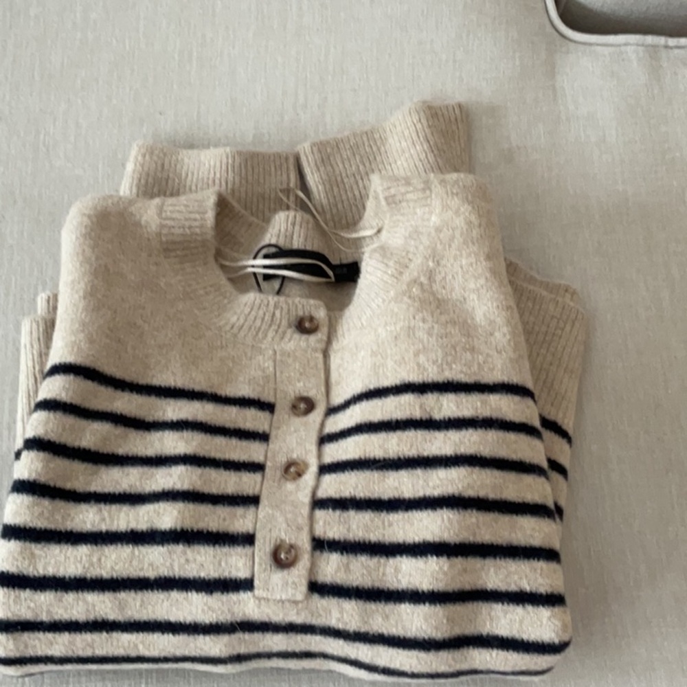 Zara Beige and Black Striped Crew Neck Sweater